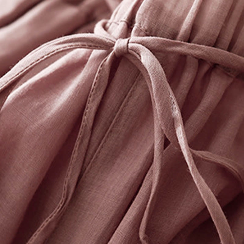 Simple Design Drawstring Cotton Women's Wide Leg Pants With Pockets