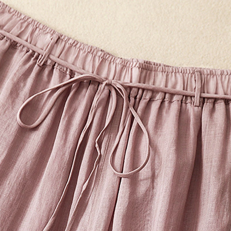 Simple Design Drawstring Cotton Women's Wide Leg Pants With Pockets