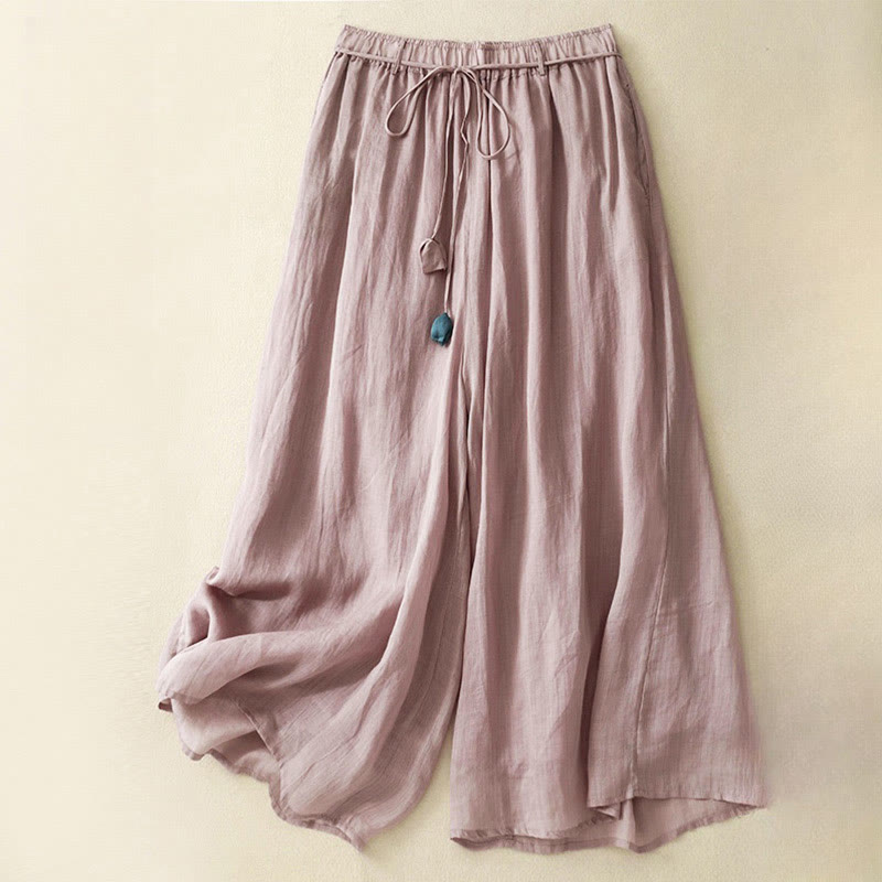 Simple Design Drawstring Cotton Women's Wide Leg Pants With Pockets