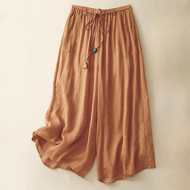 Simple Design Drawstring Cotton Women's Wide Leg Pants With Pockets