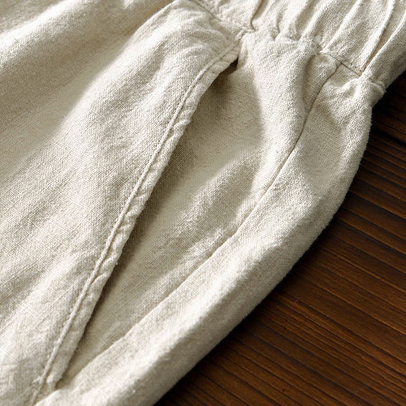 Casual Solid Color Simple Design Drawstring Ramie Linen Men's Pants With Pockets