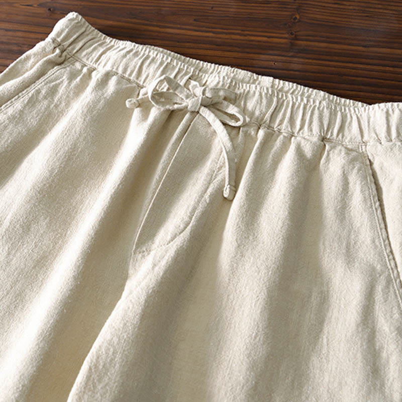 Casual Solid Color Simple Design Drawstring Ramie Linen Men's Pants With Pockets