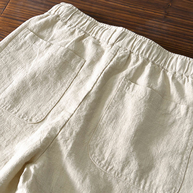 Casual Solid Color Simple Design Drawstring Ramie Linen Men's Pants With Pockets