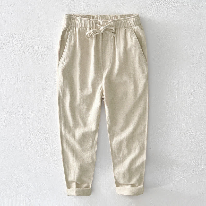 Casual Solid Color Simple Design Drawstring Ramie Linen Men's Pants With Pockets