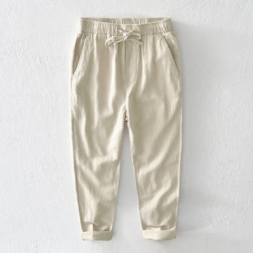 Casual Solid Color Simple Design Drawstring Ramie Linen Men's Pants With Pockets
