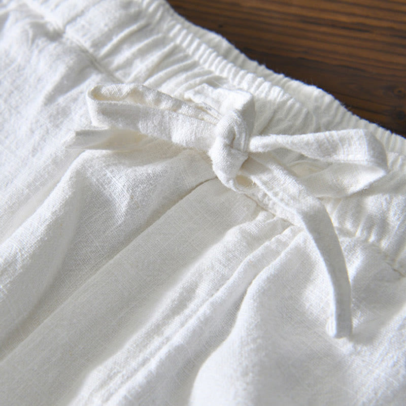 Casual Solid Color Simple Design Drawstring Ramie Linen Men's Pants With Pockets