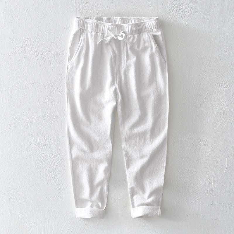 Casual Solid Color Simple Design Drawstring Ramie Linen Men's Pants With Pockets