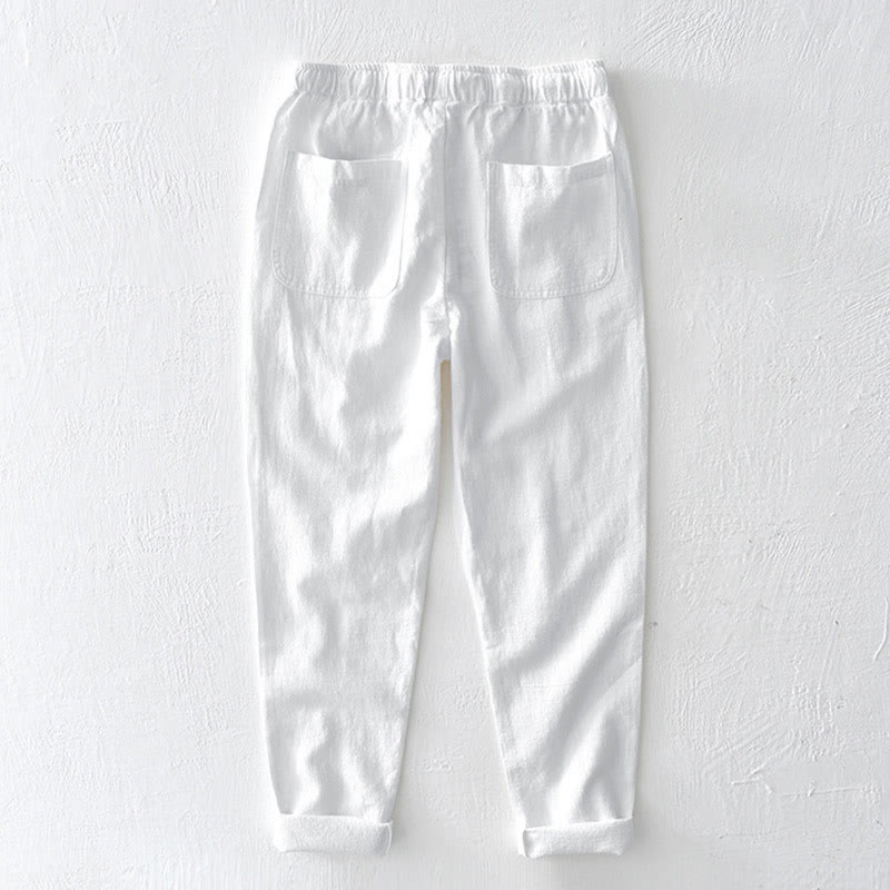 Casual Solid Color Simple Design Drawstring Ramie Linen Men's Pants With Pockets
