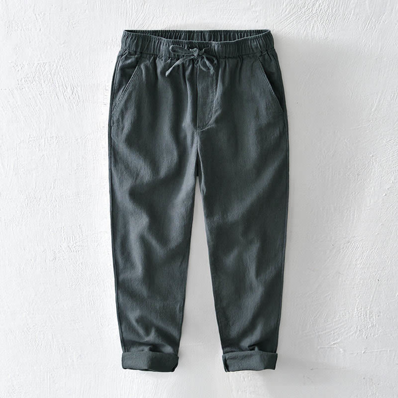 Casual Solid Color Simple Design Drawstring Ramie Linen Men's Pants With Pockets