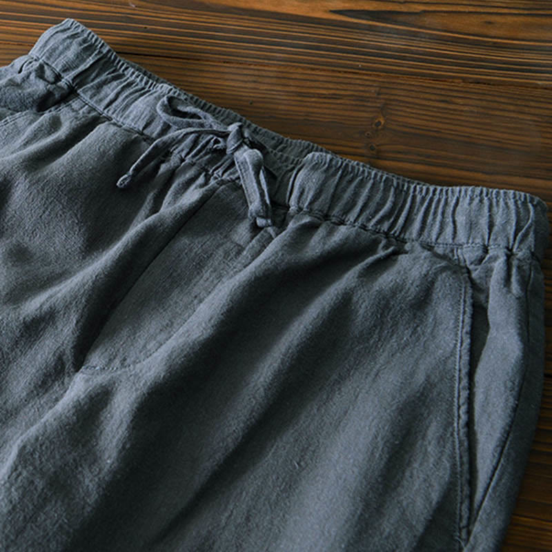 Casual Solid Color Simple Design Drawstring Ramie Linen Men's Pants With Pockets