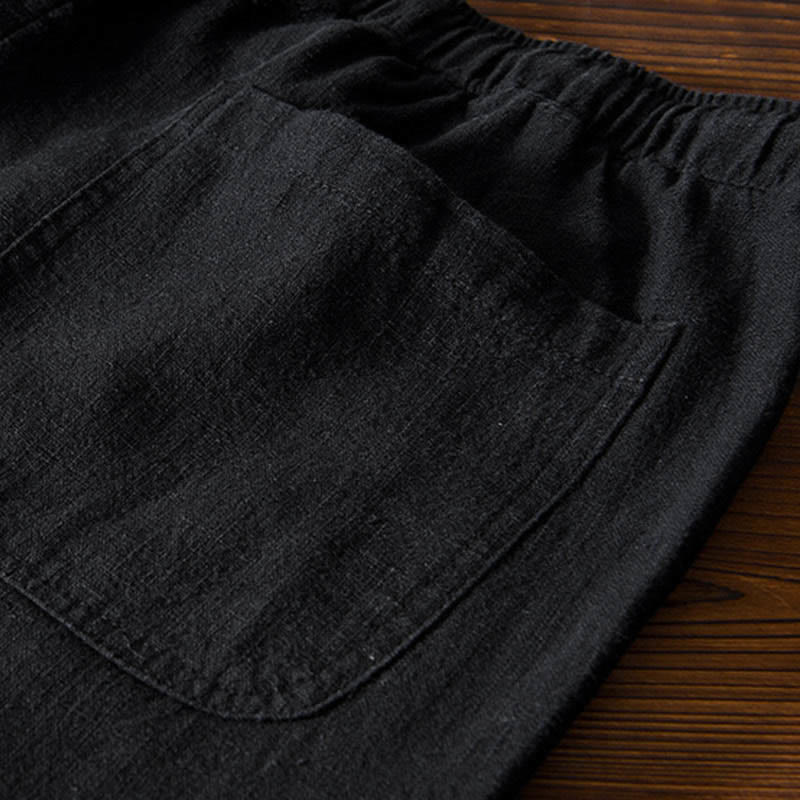Casual Solid Color Simple Design Drawstring Ramie Linen Men's Pants With Pockets