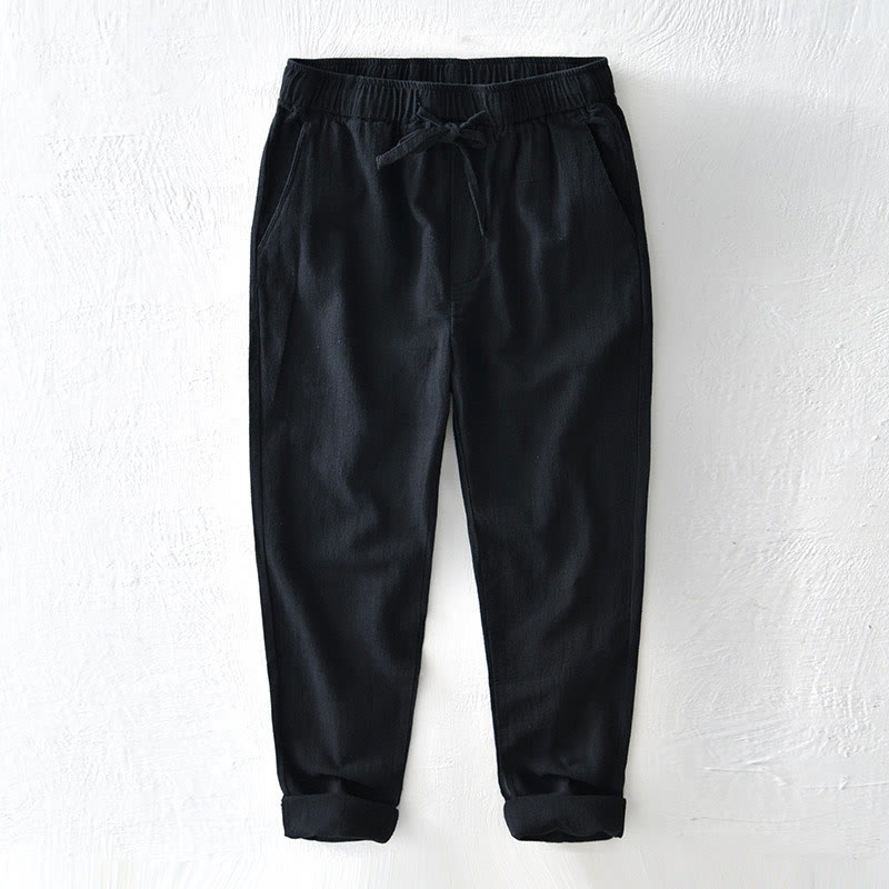 Casual Solid Color Simple Design Drawstring Ramie Linen Men's Pants With Pockets