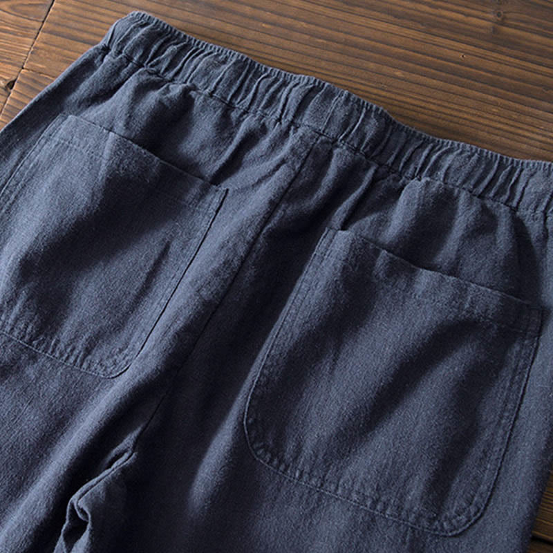 Casual Solid Color Simple Design Drawstring Ramie Linen Men's Pants With Pockets