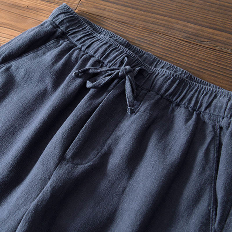 Casual Solid Color Simple Design Drawstring Ramie Linen Men's Pants With Pockets