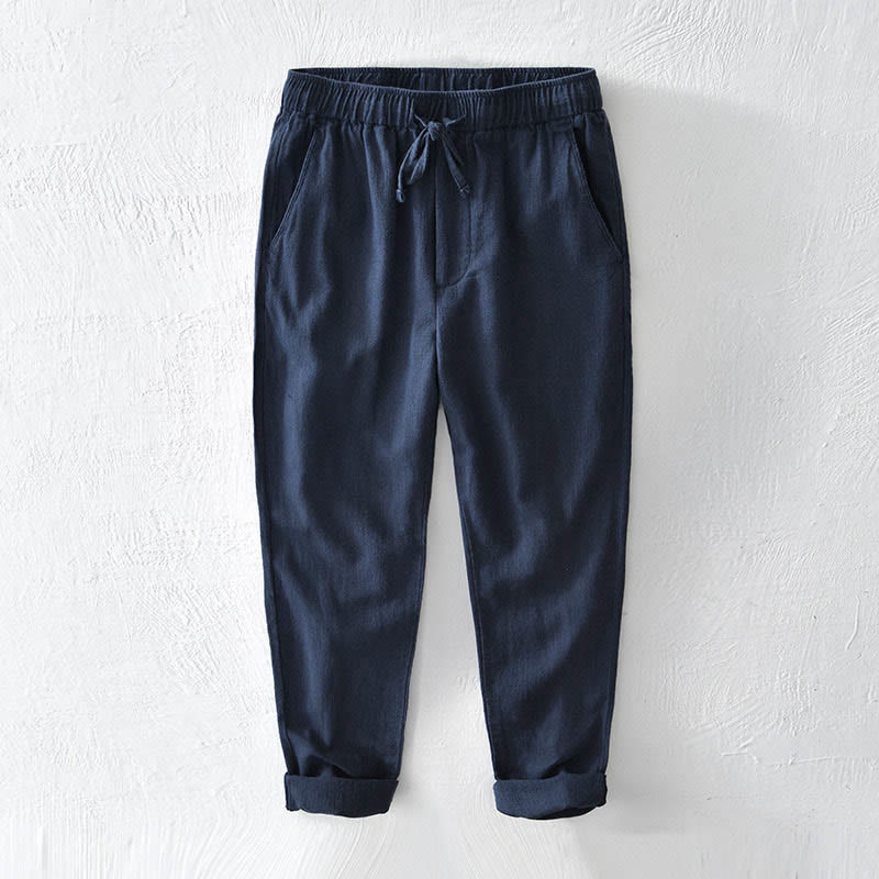 Casual Solid Color Simple Design Drawstring Ramie Linen Men's Pants With Pockets