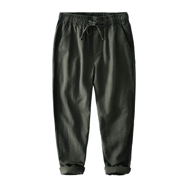 Casual Solid Color Simple Design Drawstring Ramie Linen Men's Pants With Pockets