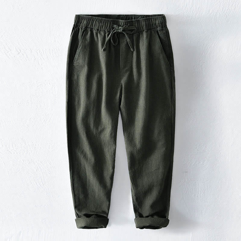 Casual Solid Color Simple Design Drawstring Ramie Linen Men's Pants With Pockets