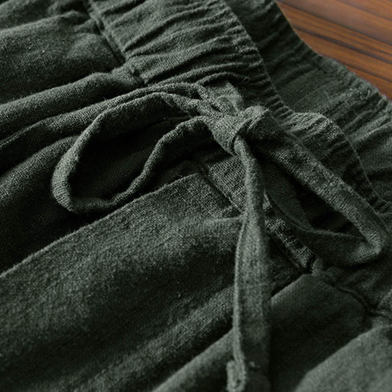 Casual Solid Color Simple Design Drawstring Ramie Linen Men's Pants With Pockets