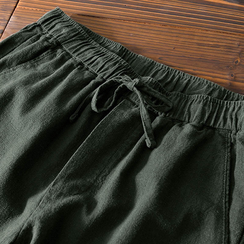 Casual Solid Color Simple Design Drawstring Ramie Linen Men's Pants With Pockets