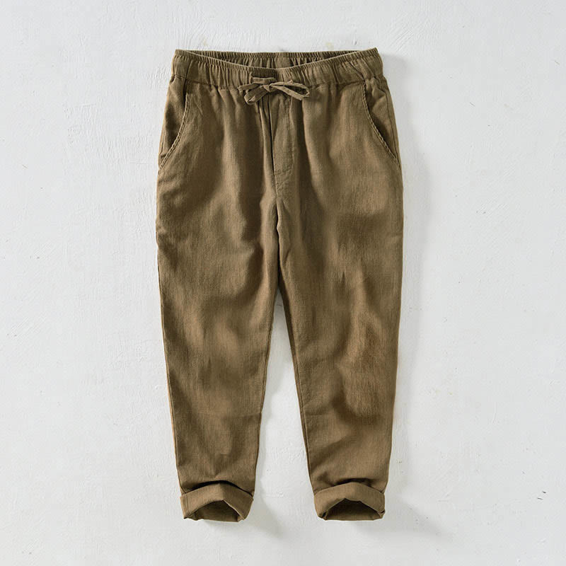 Casual Solid Color Simple Design Drawstring Ramie Linen Men's Pants With Pockets