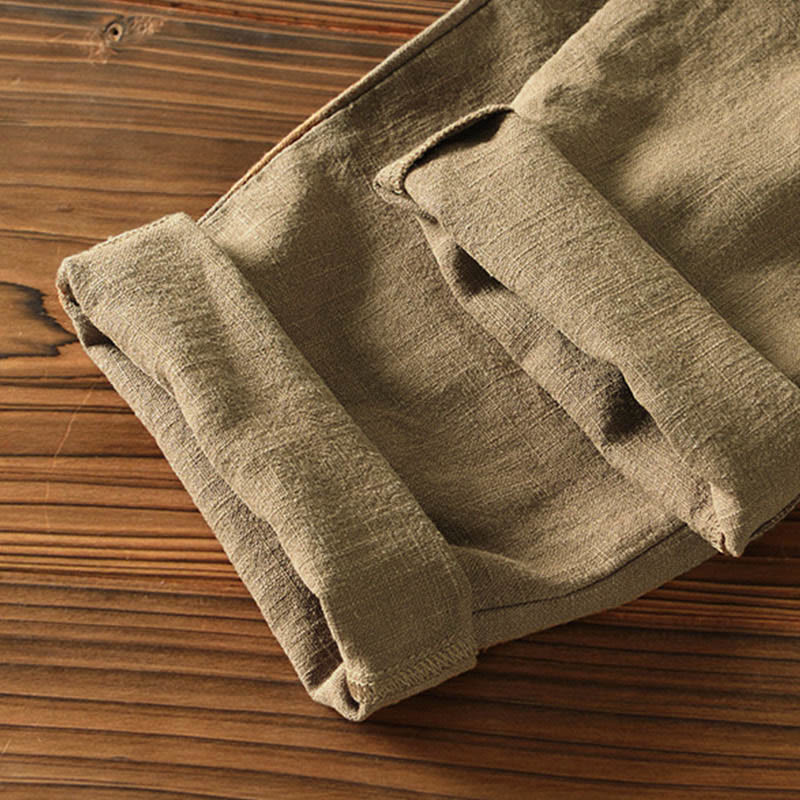 Casual Solid Color Simple Design Drawstring Ramie Linen Men's Pants With Pockets