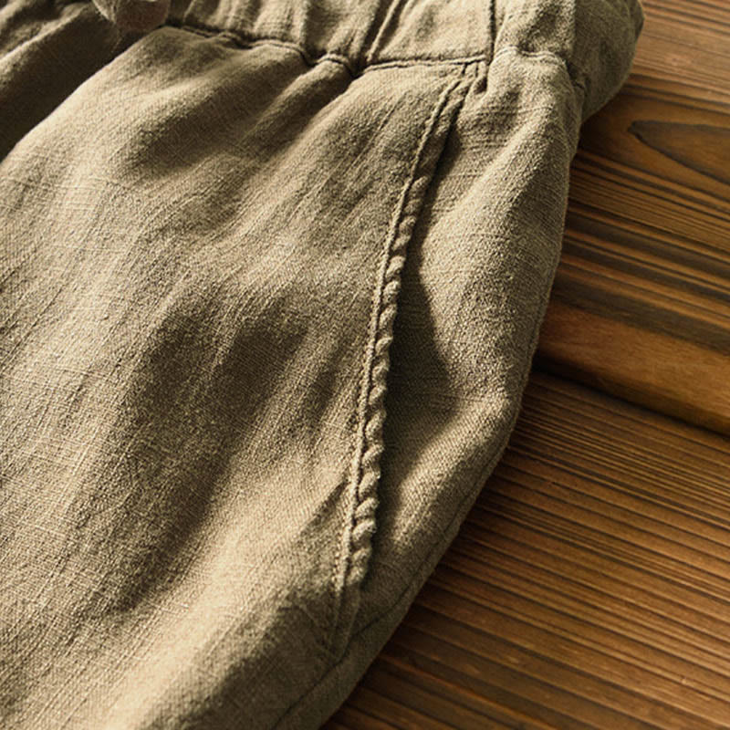 Casual Solid Color Simple Design Drawstring Ramie Linen Men's Pants With Pockets
