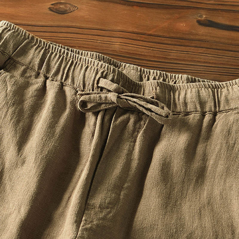 Casual Solid Color Simple Design Drawstring Ramie Linen Men's Pants With Pockets