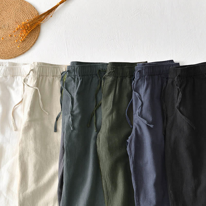 Casual Solid Color Simple Design Drawstring Ramie Linen Men's Pants With Pockets