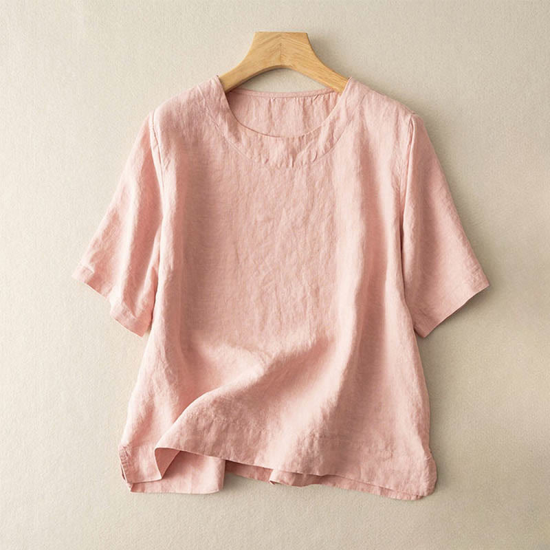 Simple Plain Short Sleeve Crew Neck Side Slit Cotton Women's T-Shirt