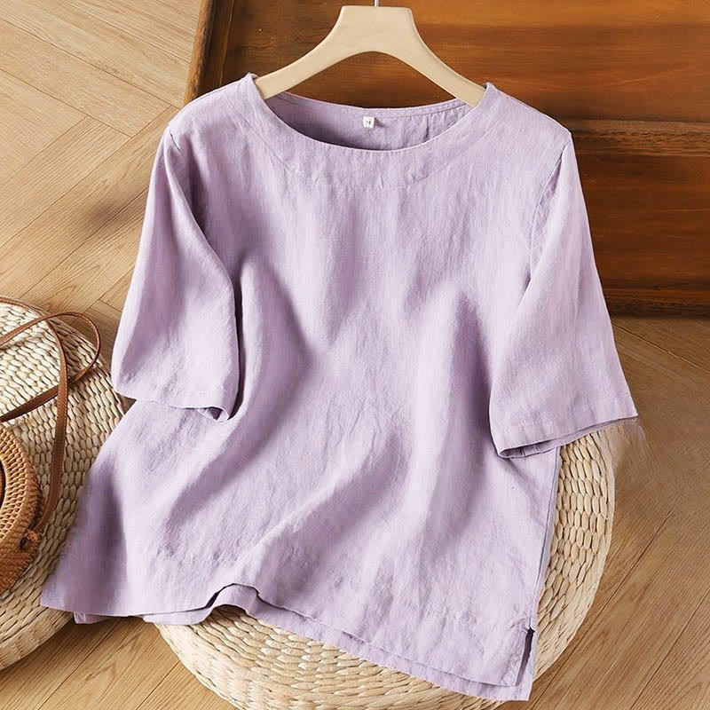 Simple Plain Short Sleeve Crew Neck Side Slit Cotton Women's T-Shirt