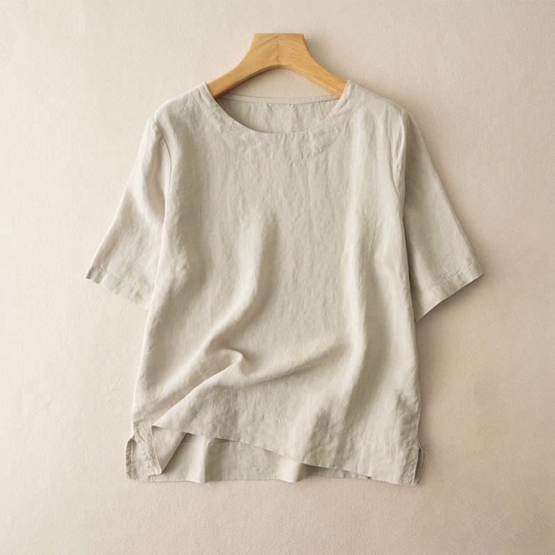 Simple Plain Short Sleeve Crew Neck Side Slit Cotton Women's T-Shirt