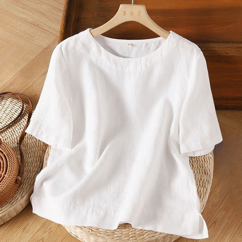 Simple Plain Short Sleeve Crew Neck Side Slit Cotton Women's T-Shirt