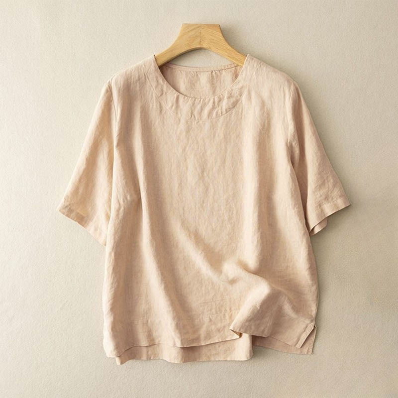 Simple Plain Short Sleeve Crew Neck Side Slit Cotton Women's T-Shirt