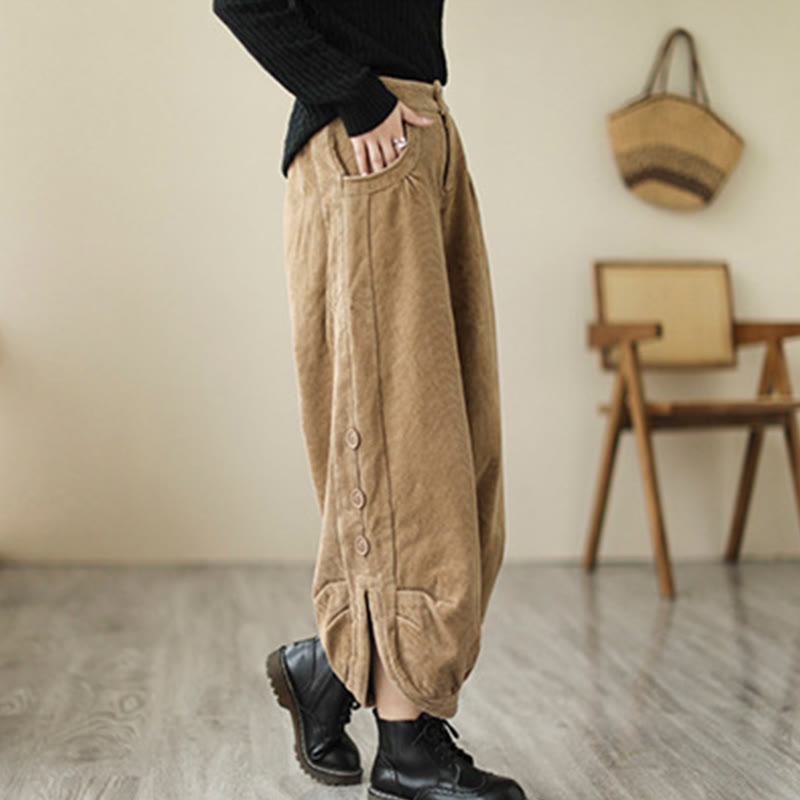 Casual Buttons Leg Opening Design Women's Cotton Corduroy Pants With Pockets