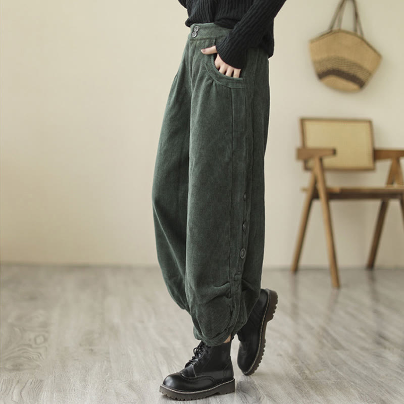 Casual Buttons Leg Opening Design Women's Cotton Corduroy Pants With Pockets