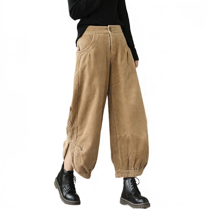 Casual Buttons Leg Opening Design Women's Cotton Corduroy Pants With Pockets