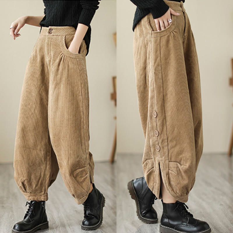 Casual Buttons Leg Opening Design Women's Cotton Corduroy Pants With Pockets