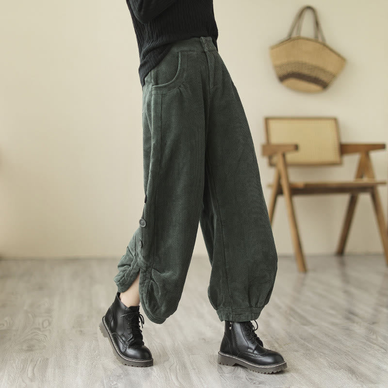 Casual Buttons Leg Opening Design Women's Cotton Corduroy Pants With Pockets