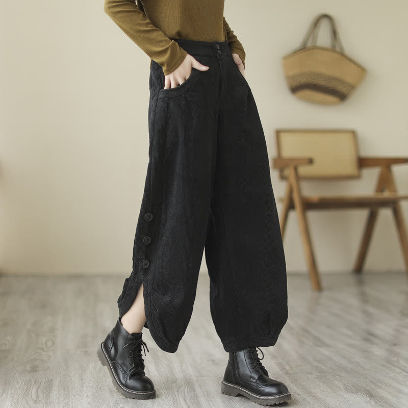 Casual Buttons Leg Opening Design Women's Cotton Corduroy Pants With Pockets