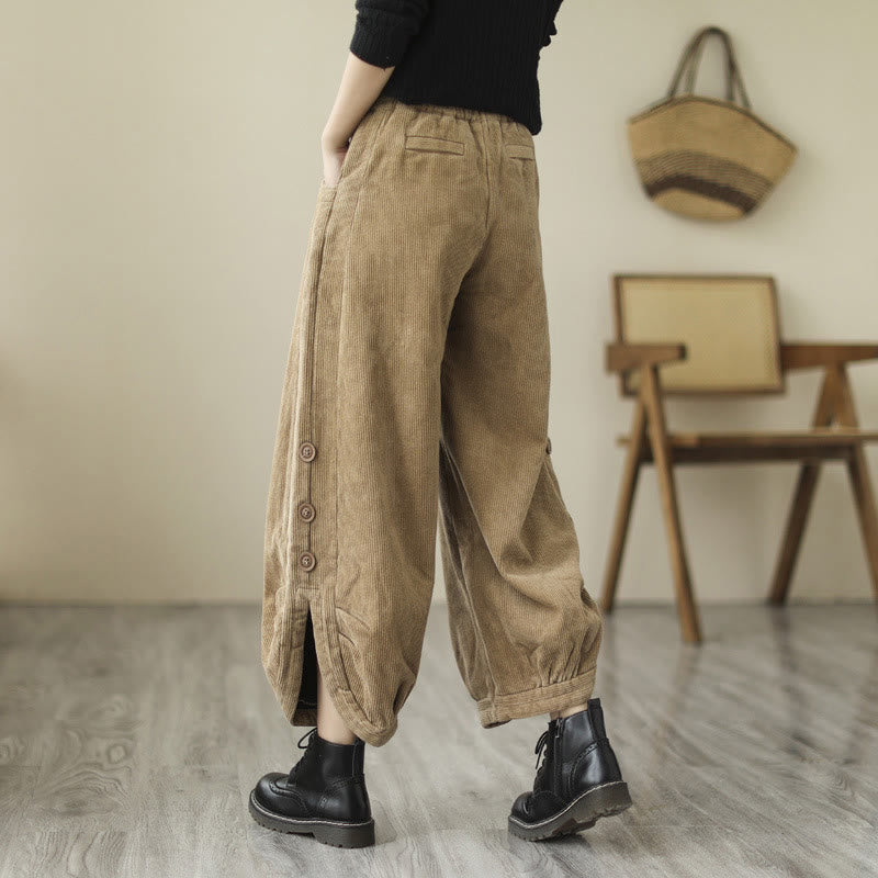 Casual Buttons Leg Opening Design Women's Cotton Corduroy Pants With Pockets