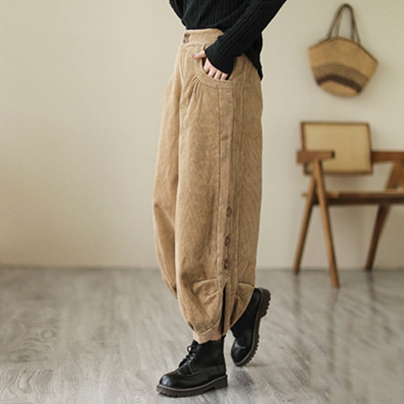 Casual Buttons Leg Opening Design Women's Cotton Corduroy Pants With Pockets