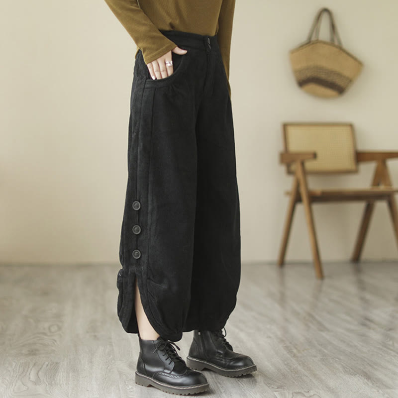 Casual Buttons Leg Opening Design Women's Cotton Corduroy Pants With Pockets