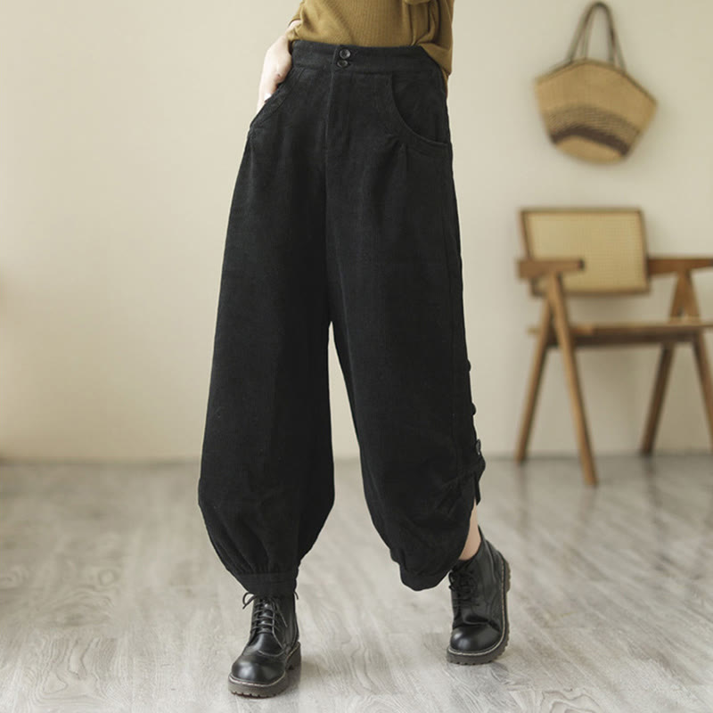 Casual Buttons Leg Opening Design Women's Cotton Corduroy Pants With Pockets