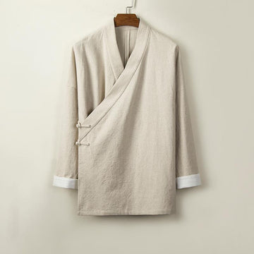 Chinese Frog-Buttons Long Sleeve Design Open Front Jacket Men's Cotton Linen Kimono