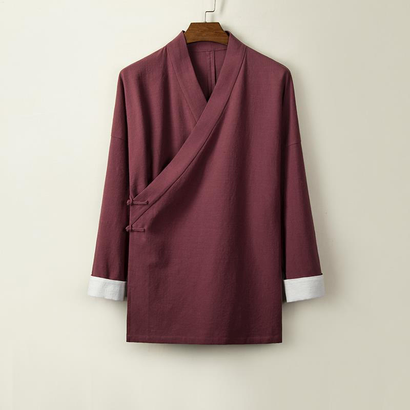 Chinese Frog-Buttons Long Sleeve Design Open Front Jacket Men's Cotton Linen Kimono