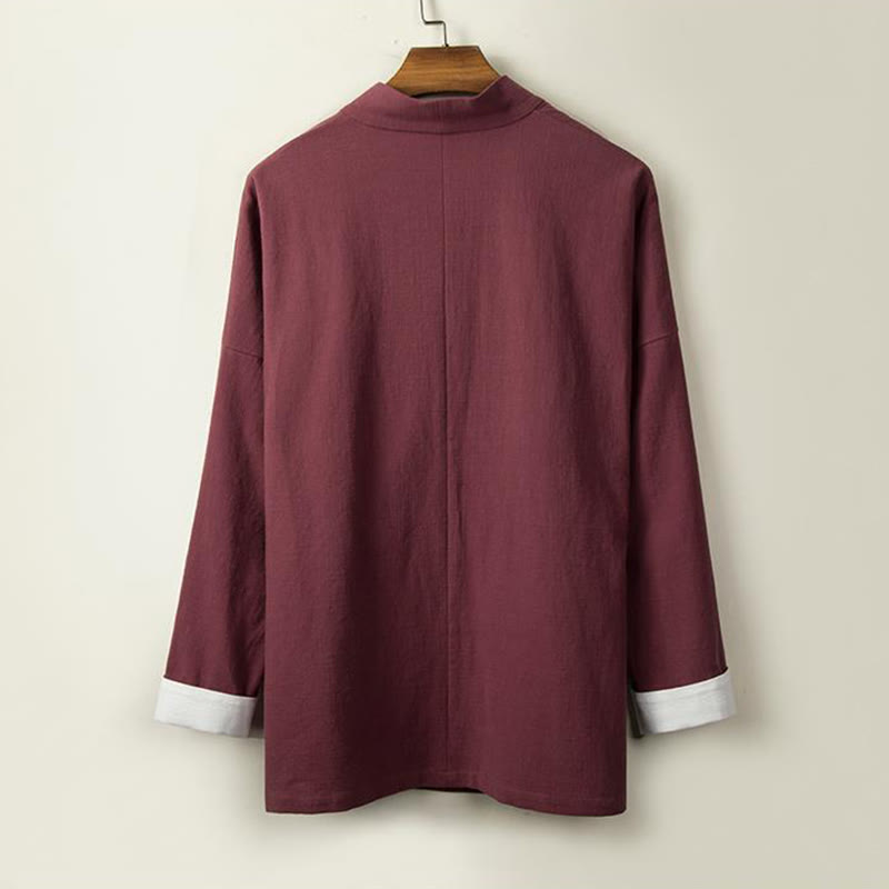 Chinese Frog-Buttons Long Sleeve Design Open Front Jacket Men's Cotton Linen Kimono