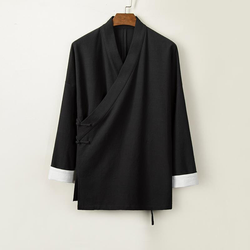 Chinese Frog-Buttons Long Sleeve Design Open Front Jacket Men's Cotton Linen Kimono