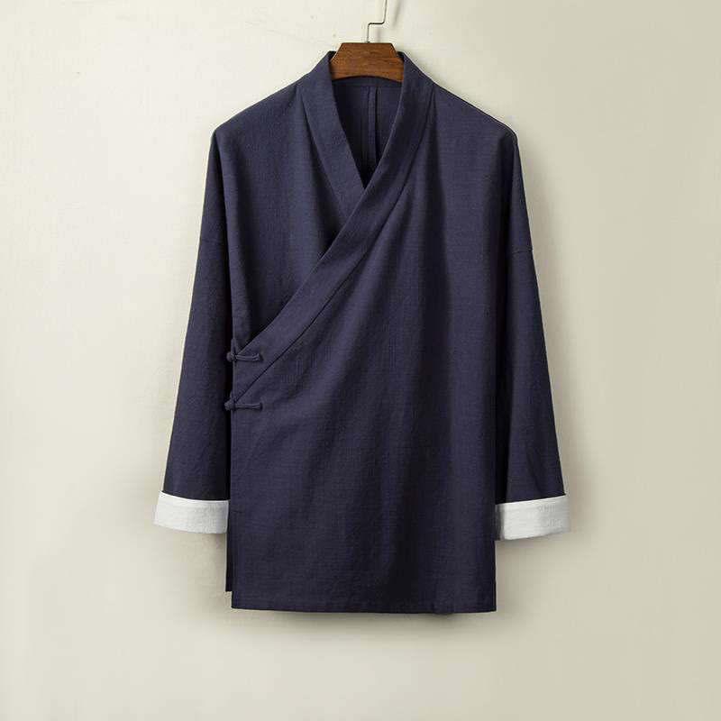 Chinese Frog-Buttons Long Sleeve Design Open Front Jacket Men's Cotton Linen Kimono
