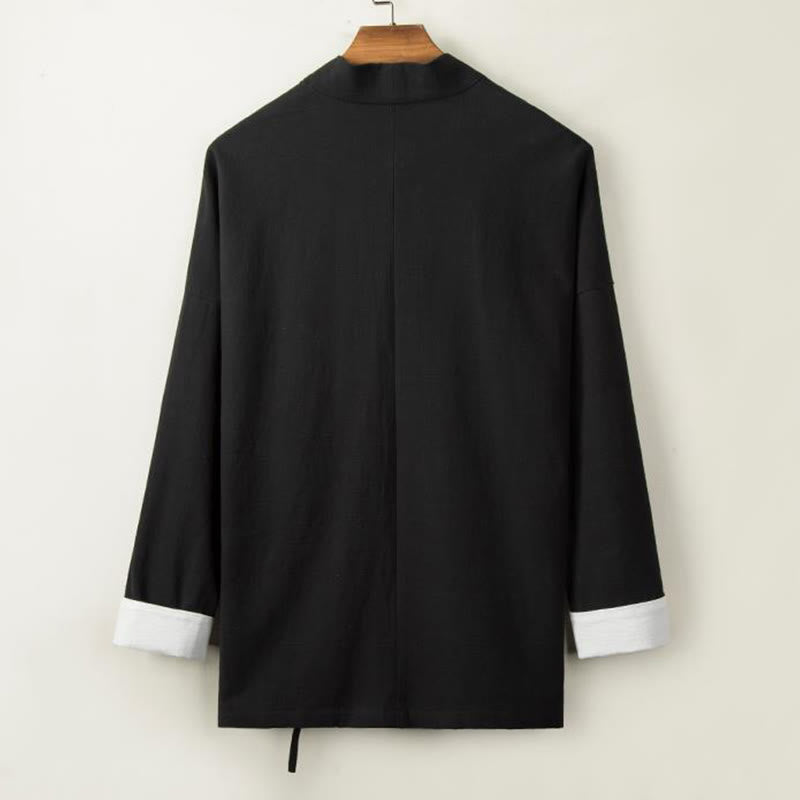 Chinese Frog-Buttons Long Sleeve Design Open Front Jacket Men's Cotton Linen Kimono