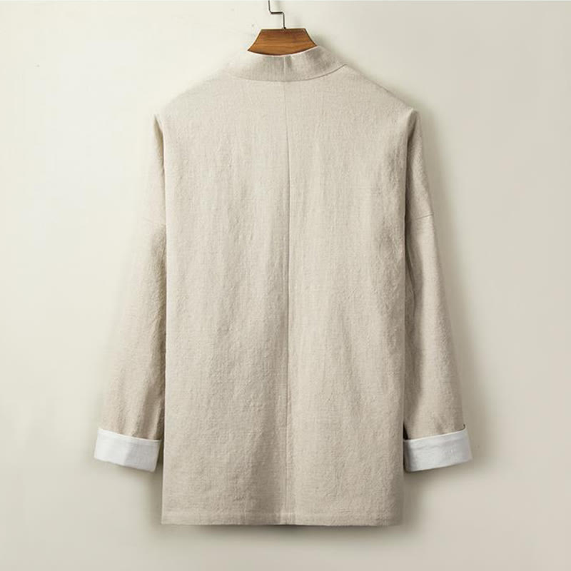 Chinese Frog-Buttons Long Sleeve Design Open Front Jacket Men's Cotton Linen Kimono
